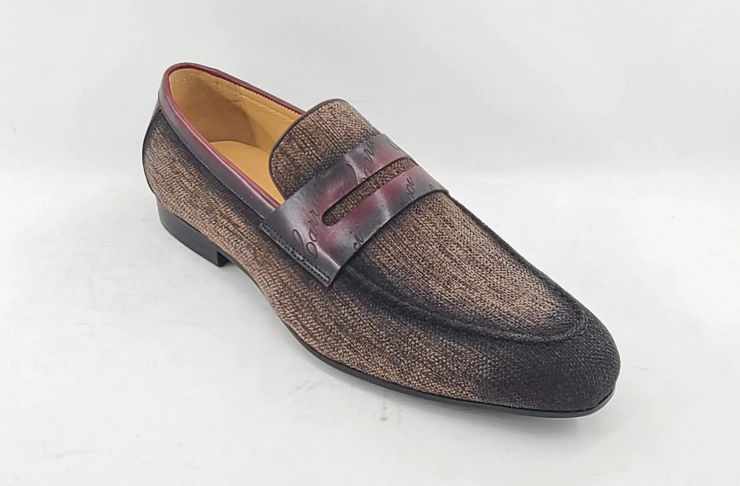 Woven Canvas & Calfskin Slip-On Loafer Brown/Burgundy