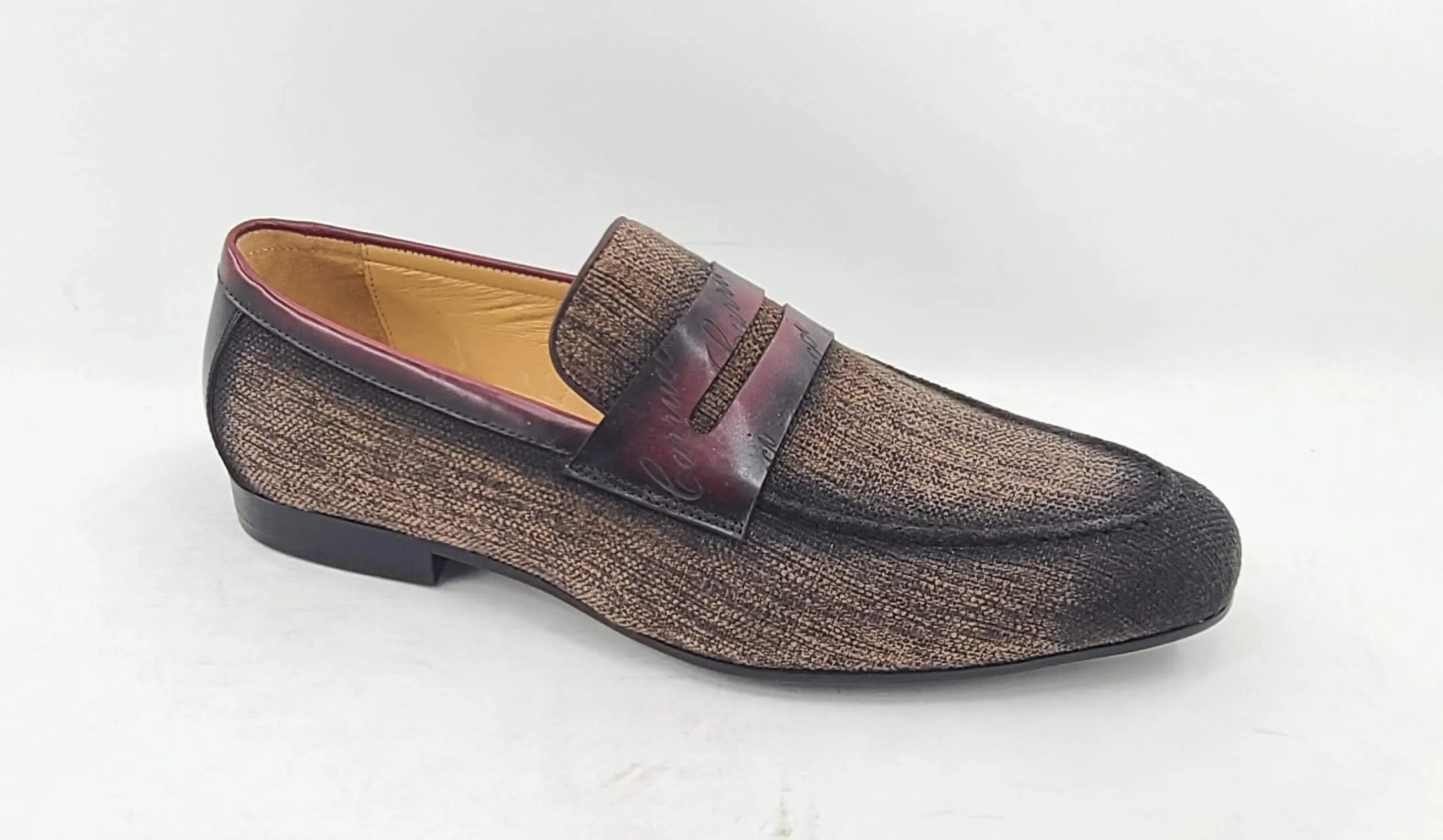 Woven Canvas & Calfskin Slip-On Loafer Brown/Burgundy
