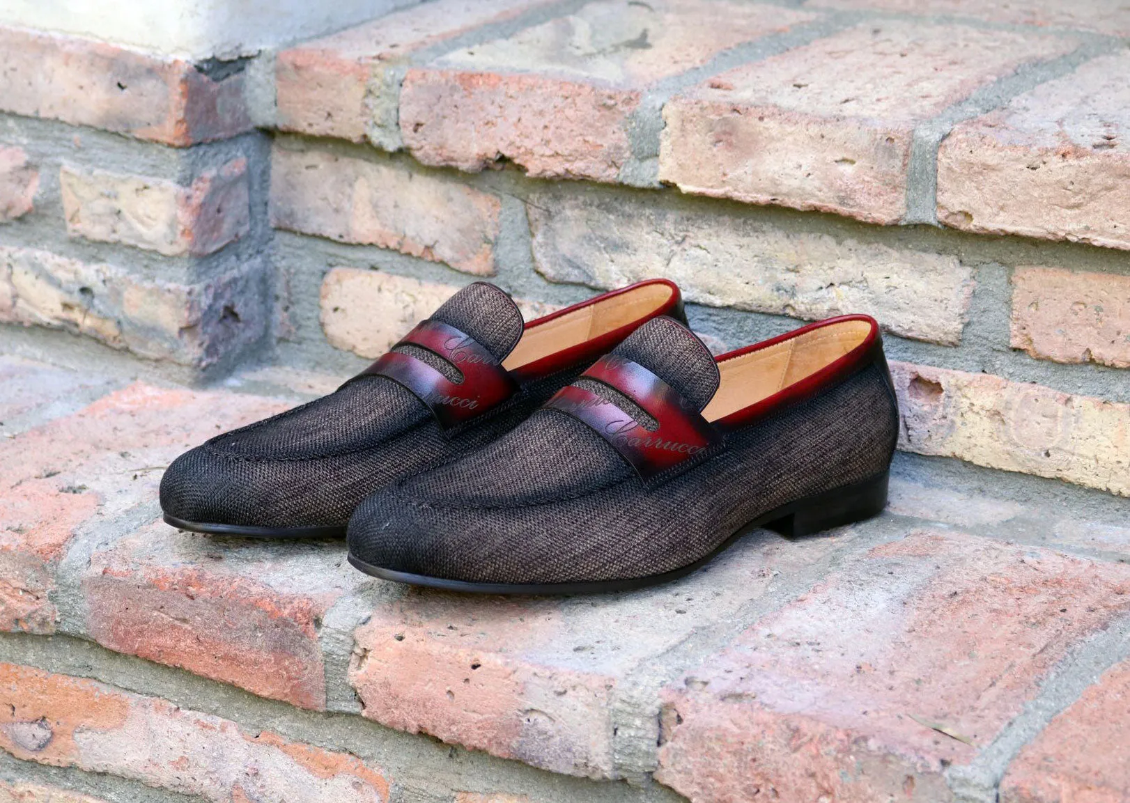 Woven Canvas & Calfskin Slip-On Loafer Brown/Burgundy